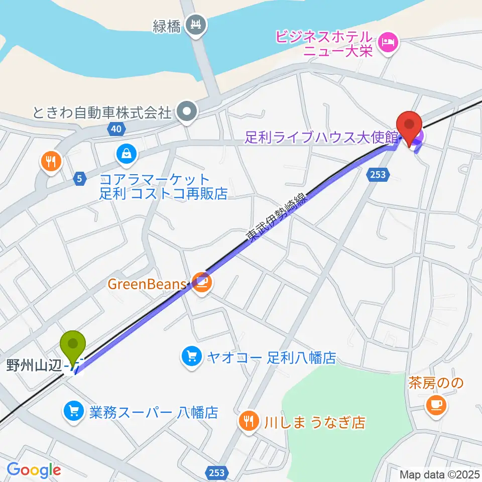 足利ライブハウス大使館の最寄駅野州山辺駅からの徒歩ルート（約13分）地図