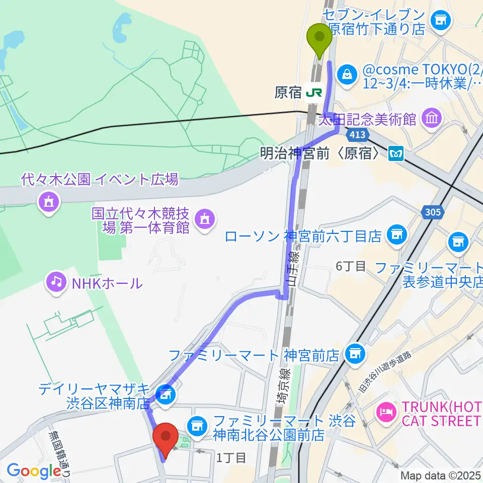 原宿駅からnagomix渋谷へのルートマップ地図