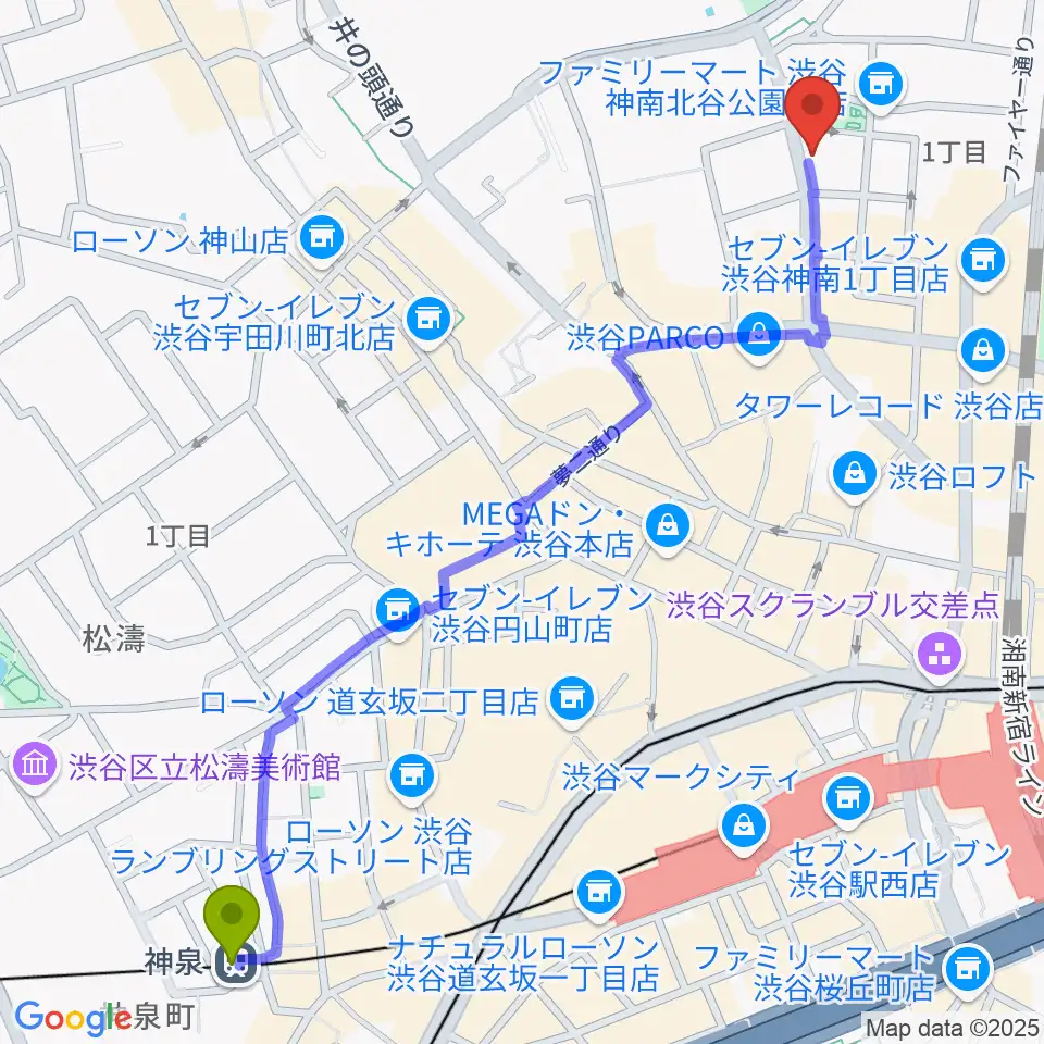 神泉駅からnagomix渋谷へのルートマップ地図