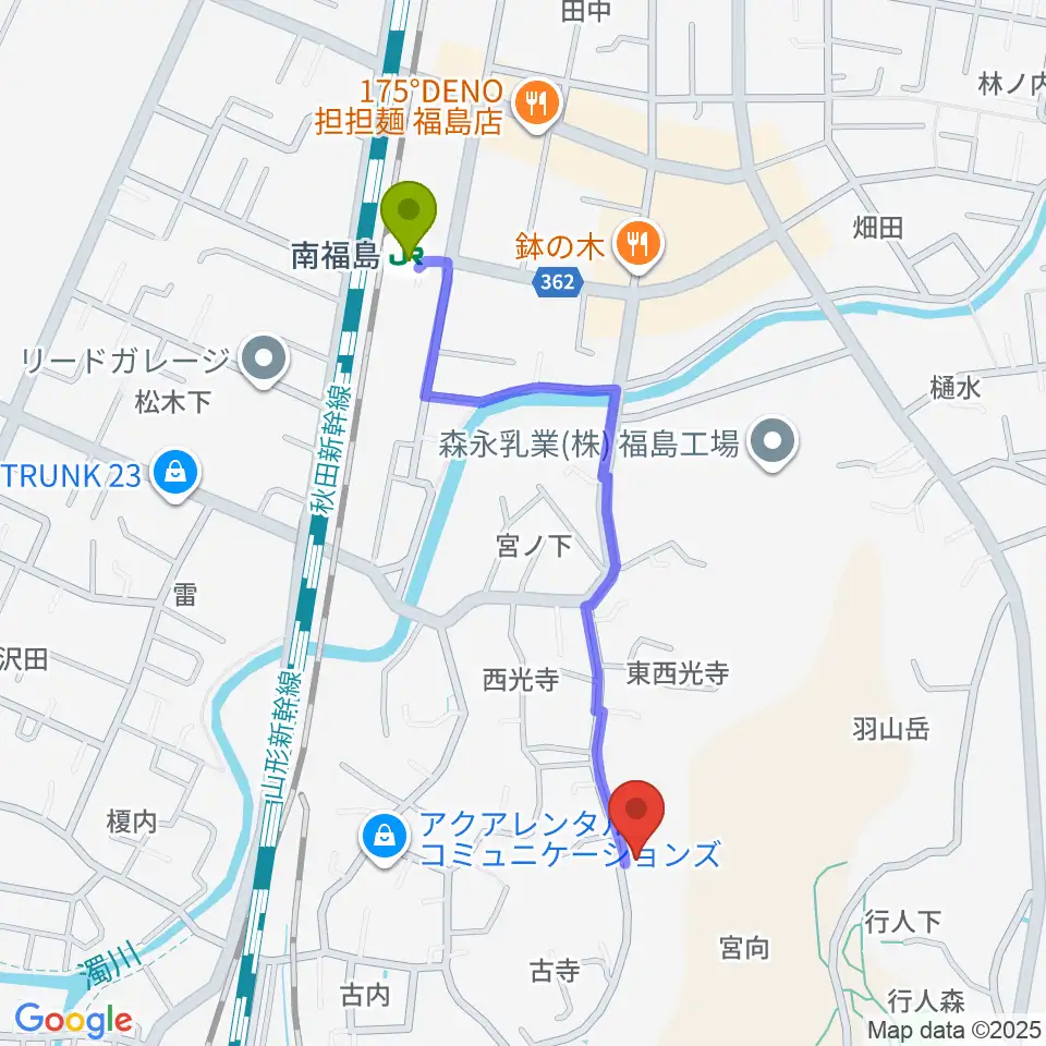 南福島ミュージックルームの最寄駅南福島駅からの徒歩ルート（約9分）地図