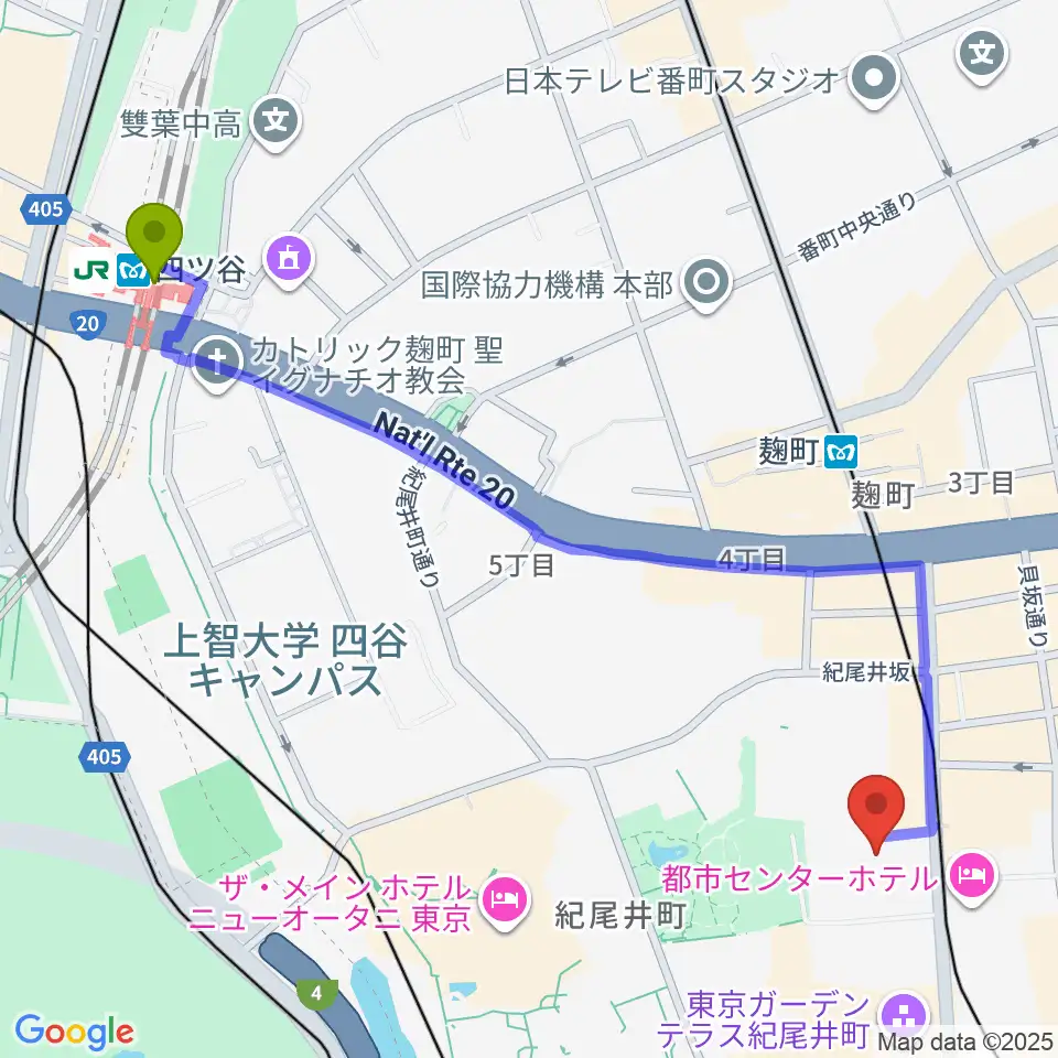 四ツ谷駅から紀尾井町サロンホールへのルートマップ地図