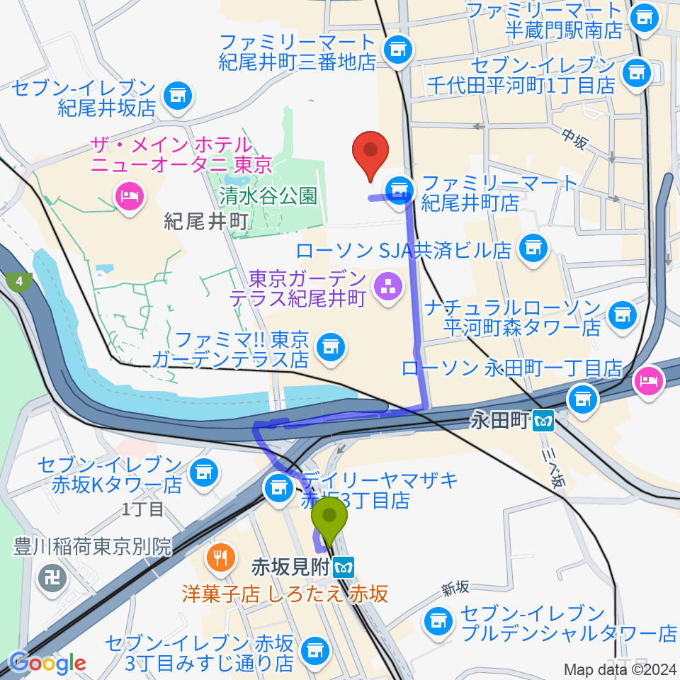 赤坂見附駅から紀尾井町サロンホールへのルートマップ地図