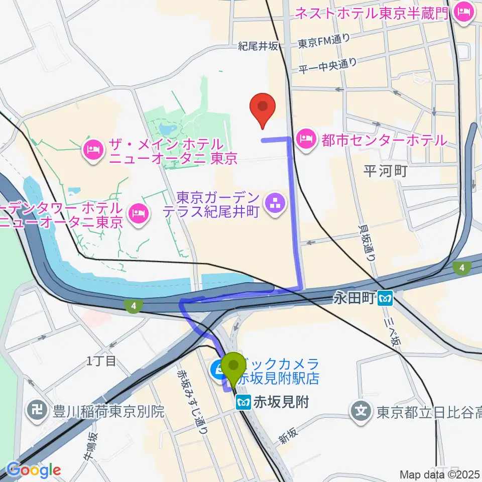 赤坂見附駅から紀尾井町サロンホールへのルートマップ地図