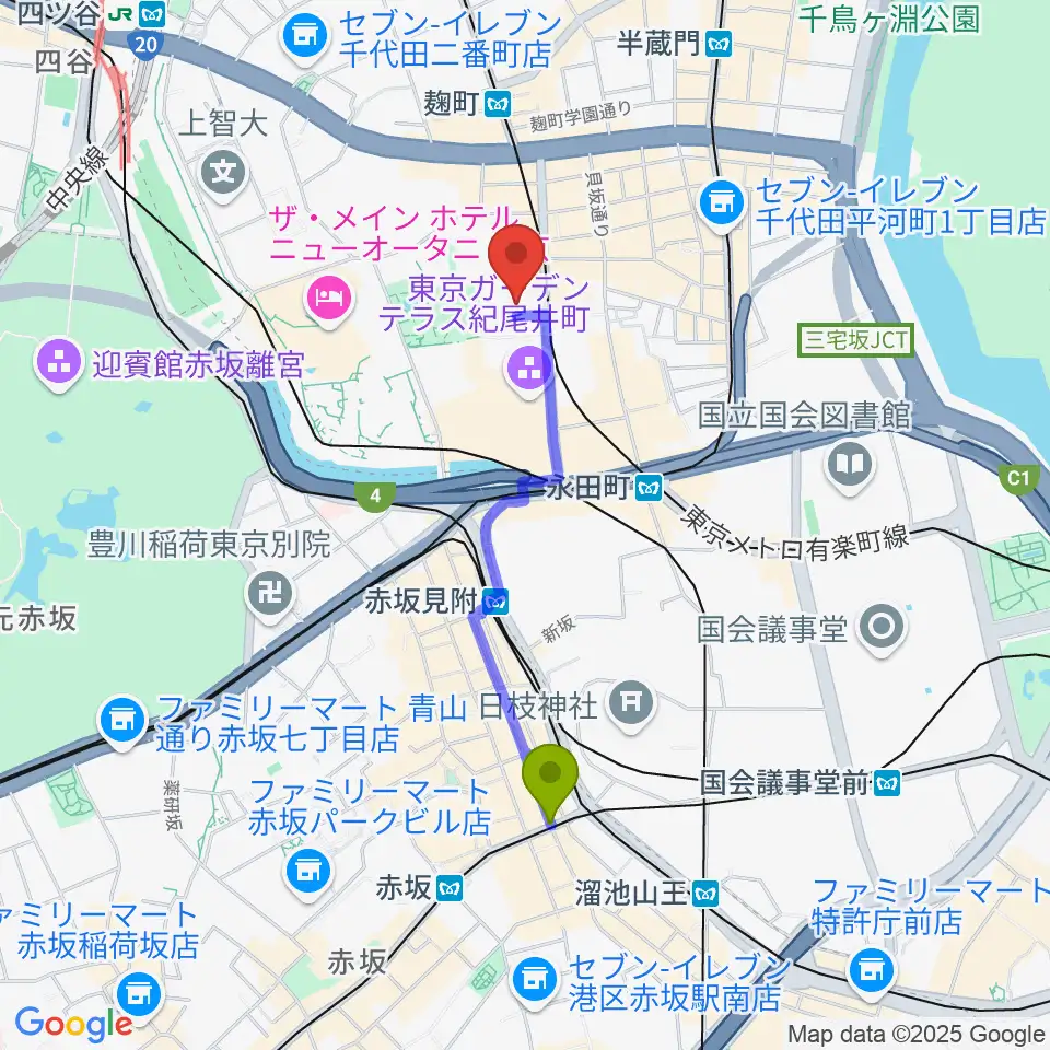 赤坂駅から紀尾井町サロンホールへのルートマップ地図