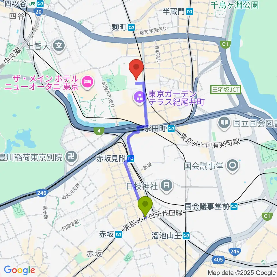 赤坂駅から紀尾井町サロンホールへのルートマップ地図
