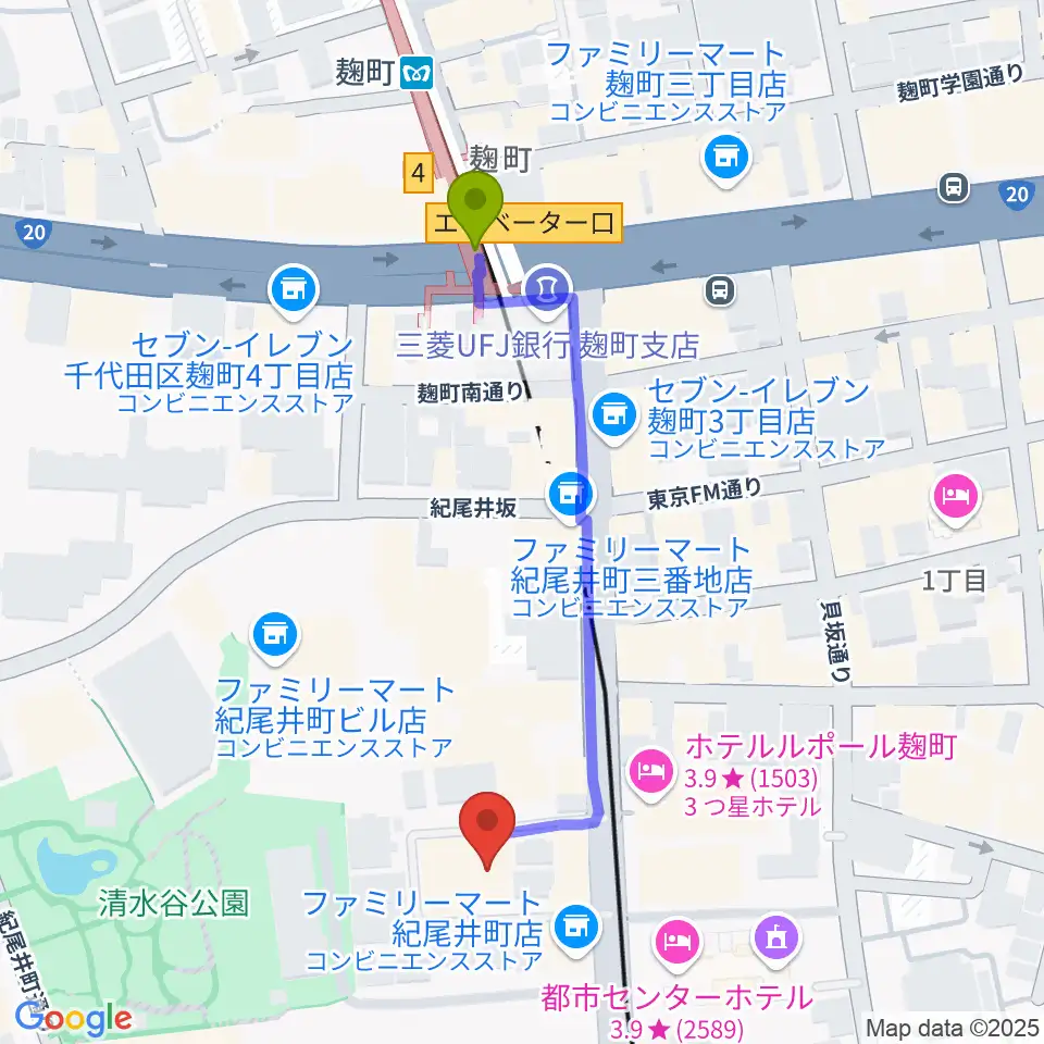 紀尾井町サロンホールの最寄駅麹町駅からの徒歩ルート（約5分）地図