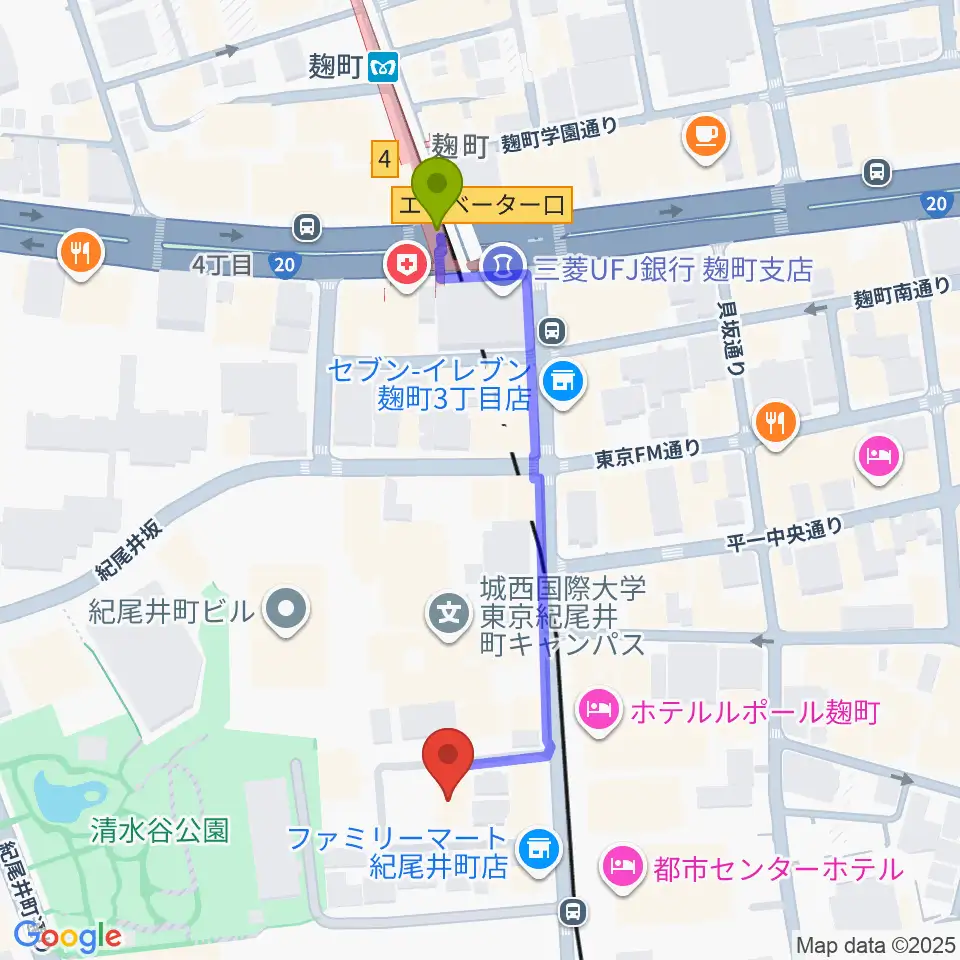 紀尾井町サロンホールの最寄駅麹町駅からの徒歩ルート（約5分）地図
