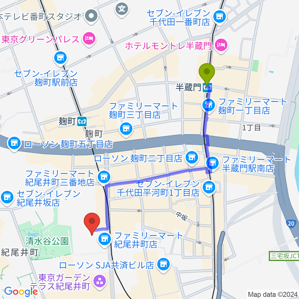 半蔵門駅から紀尾井町サロンホールへのルートマップ地図