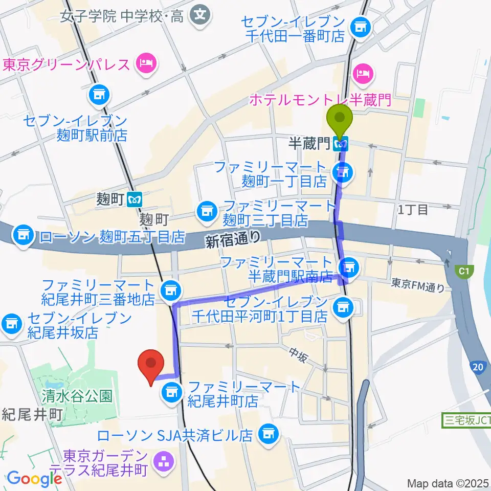 半蔵門駅から紀尾井町サロンホールへのルートマップ地図