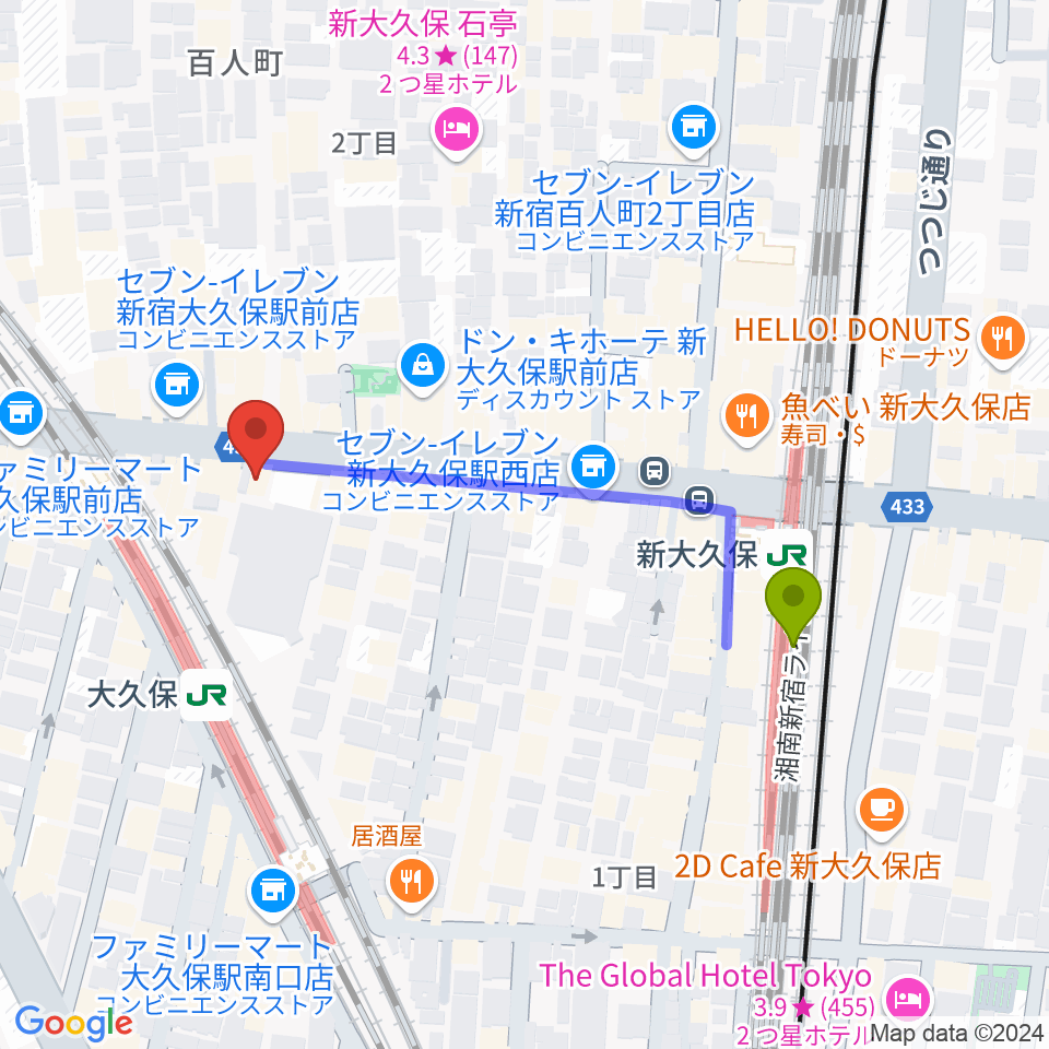 新大久保駅から大久保HOTSHOTへのルートマップ地図