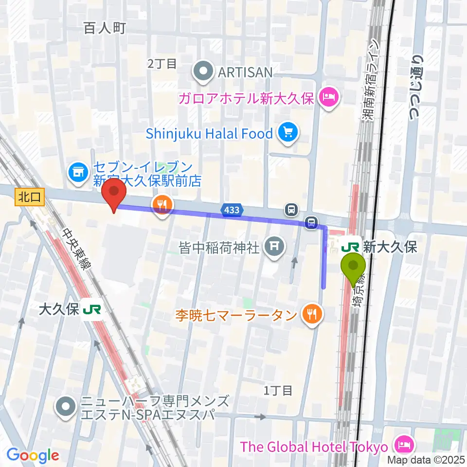 新大久保駅から大久保HOTSHOTへのルートマップ地図
