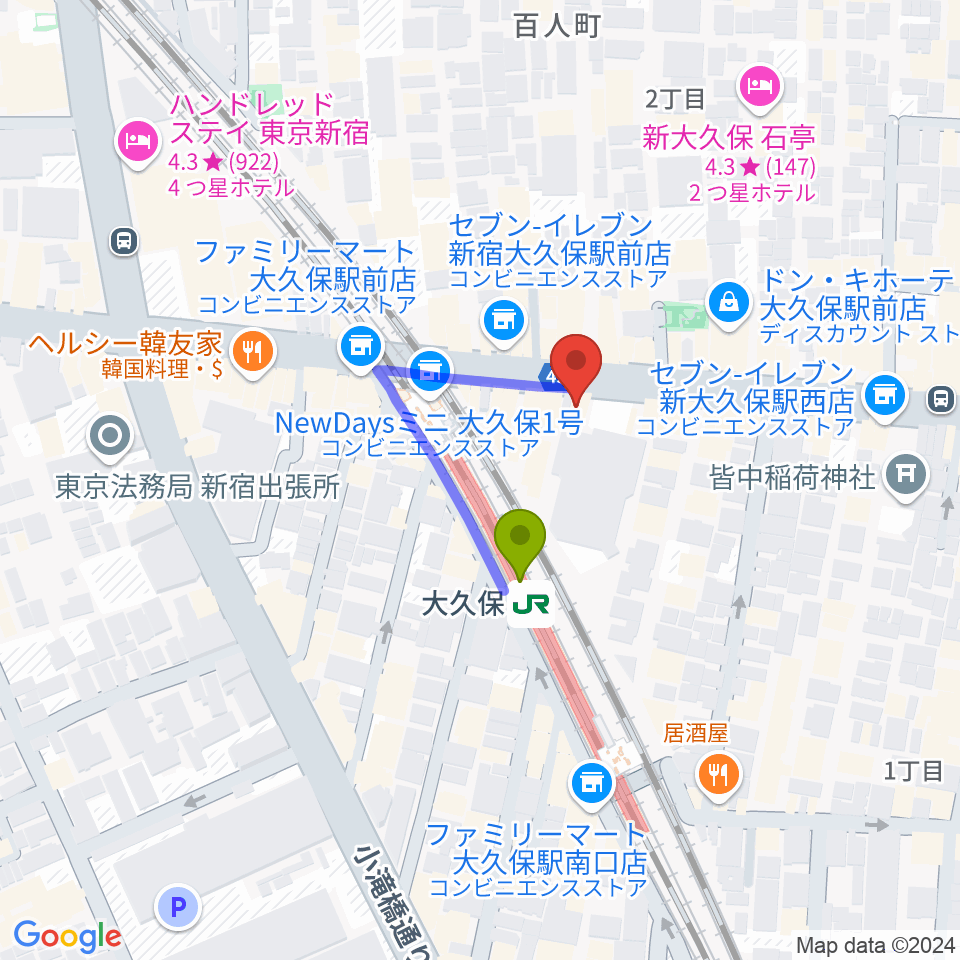 大久保HOTSHOTの最寄駅大久保駅からの徒歩ルート（約1分）地図