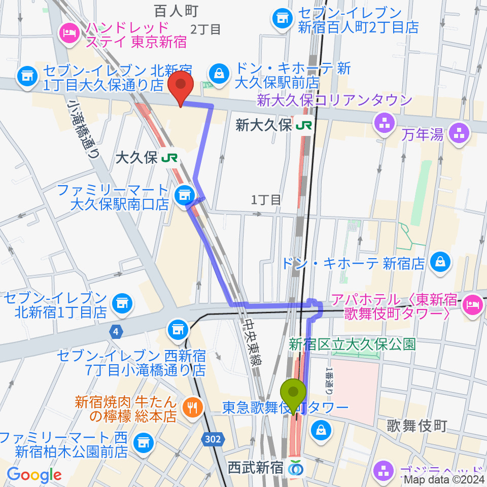 西武新宿駅から大久保HOTSHOTへのルートマップ地図