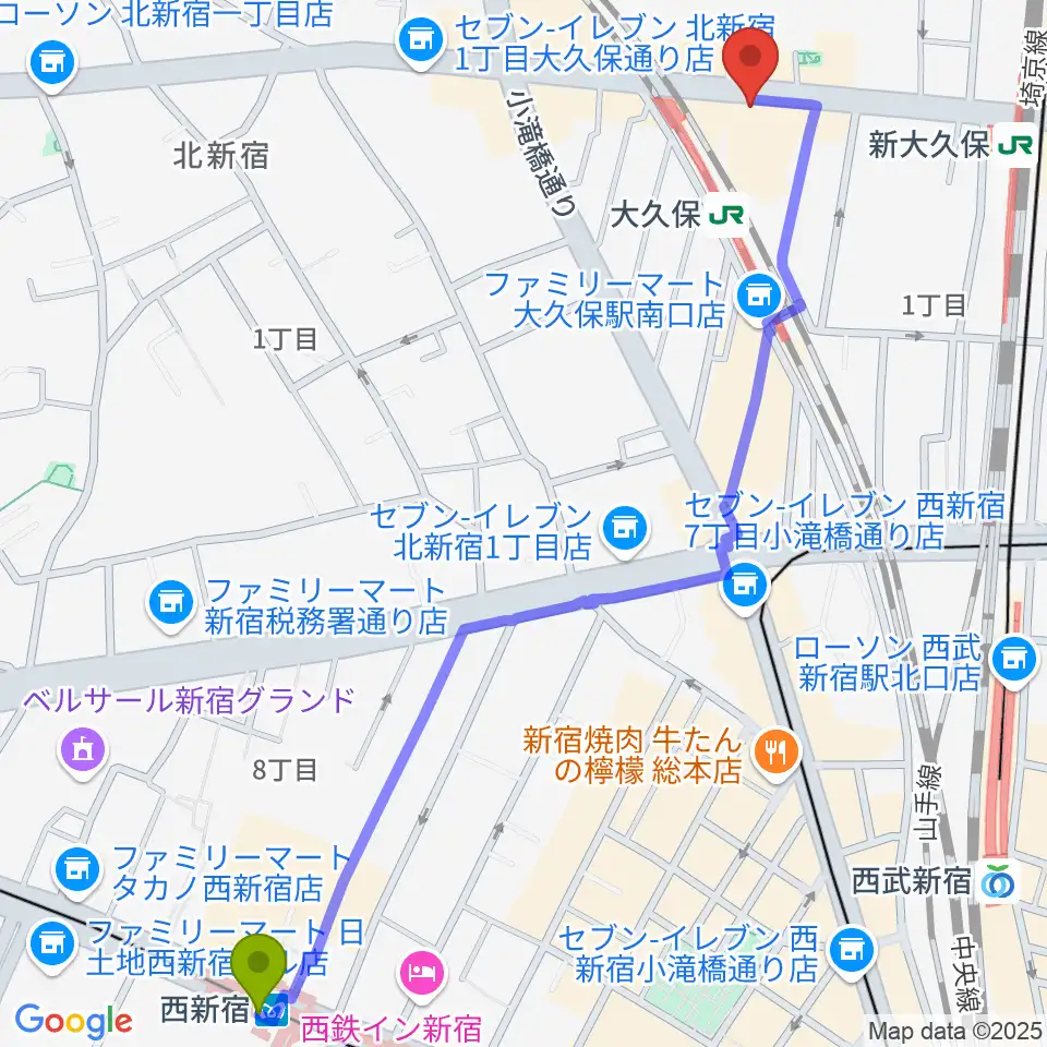 西新宿駅から大久保HOTSHOTへのルートマップ地図