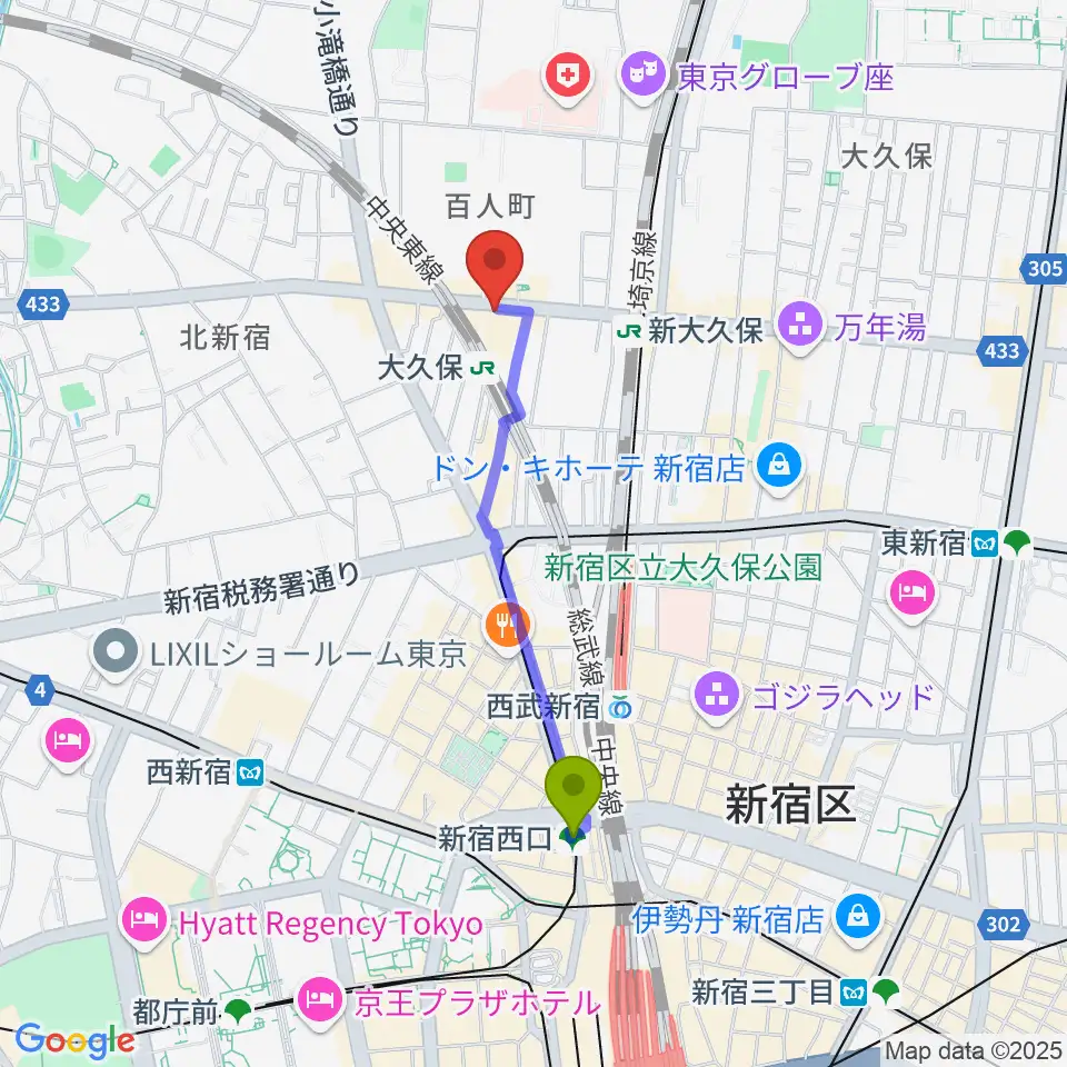 新宿西口駅から大久保HOTSHOTへのルートマップ地図
