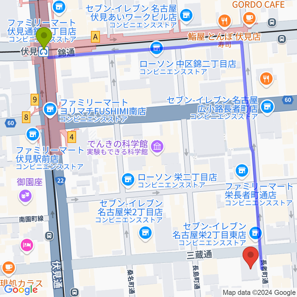 アーク栄サロンホールの最寄駅伏見駅からの徒歩ルート（約8分）地図