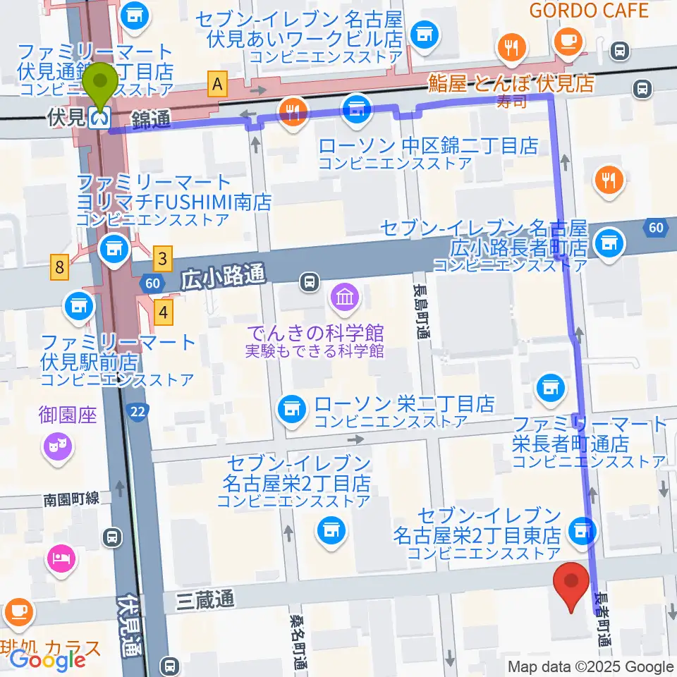 アーク栄サロンホールの最寄駅伏見駅からの徒歩ルート（約8分）地図