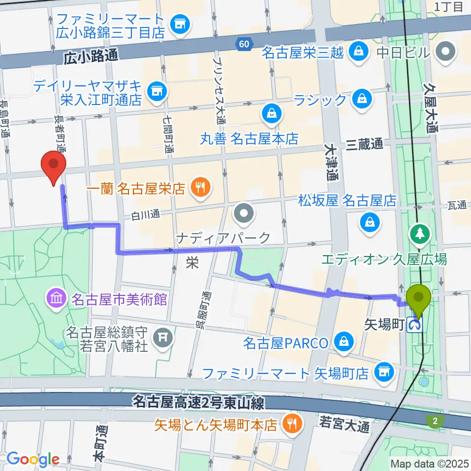 矢場町駅からアーク栄サロンホールへのルートマップ地図