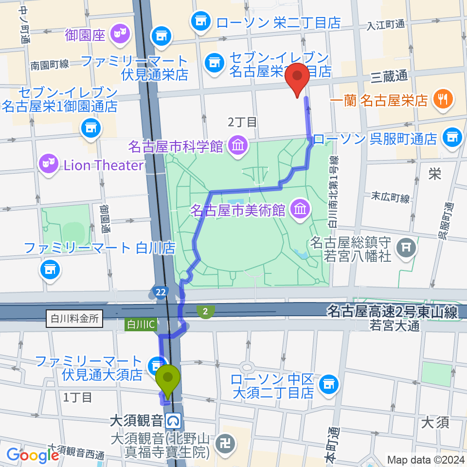 大須観音駅からアーク栄サロンホールへのルートマップ地図