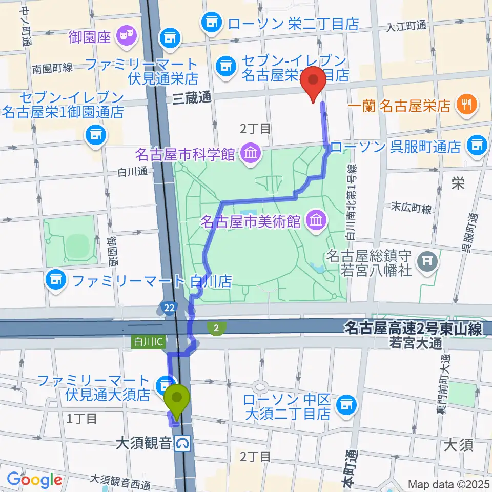 大須観音駅からアーク栄サロンホールへのルートマップ地図