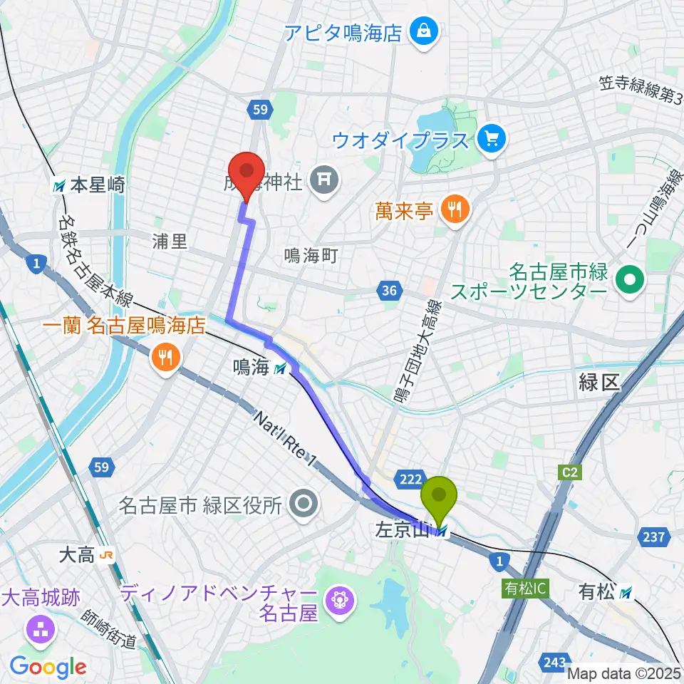 左京山駅からギャラリーみふね 風の音へのルートマップ地図
