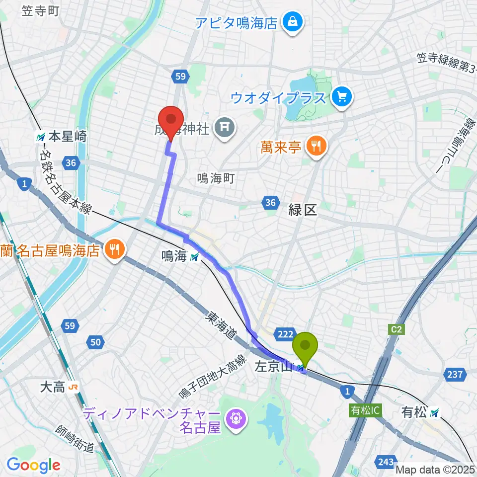 左京山駅からギャラリーみふね 風の音へのルートマップ地図