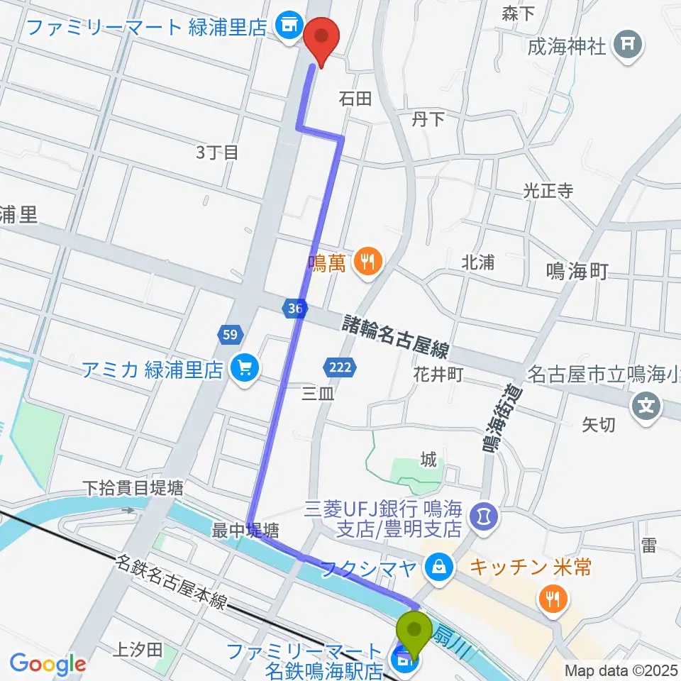 ギャラリーみふね 風の音の最寄駅鳴海駅からの徒歩ルート（約14分）地図