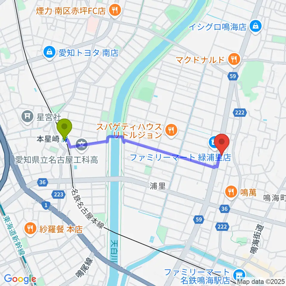 本星崎駅からギャラリーみふね 風の音へのルートマップ地図