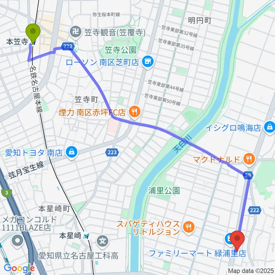本笠寺駅からギャラリーみふね 風の音へのルートマップ地図