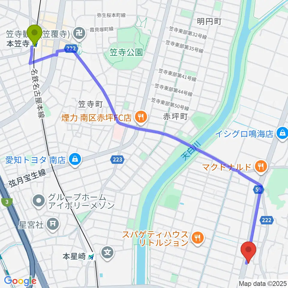 本笠寺駅からギャラリーみふね 風の音へのルートマップ地図