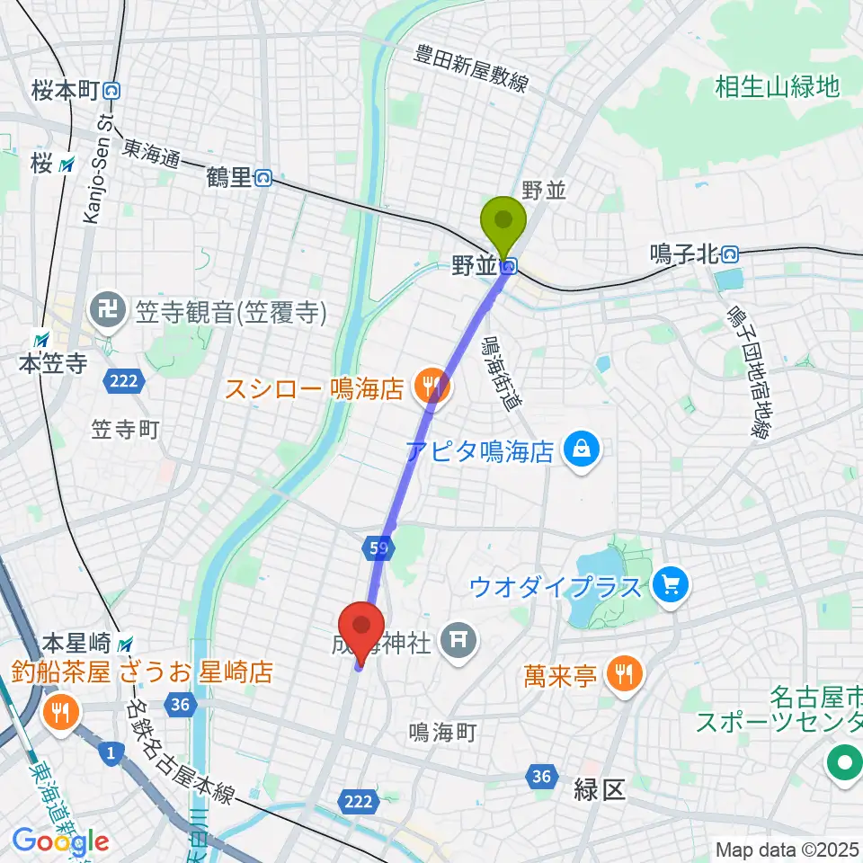 野並駅からギャラリーみふね 風の音へのルートマップ地図