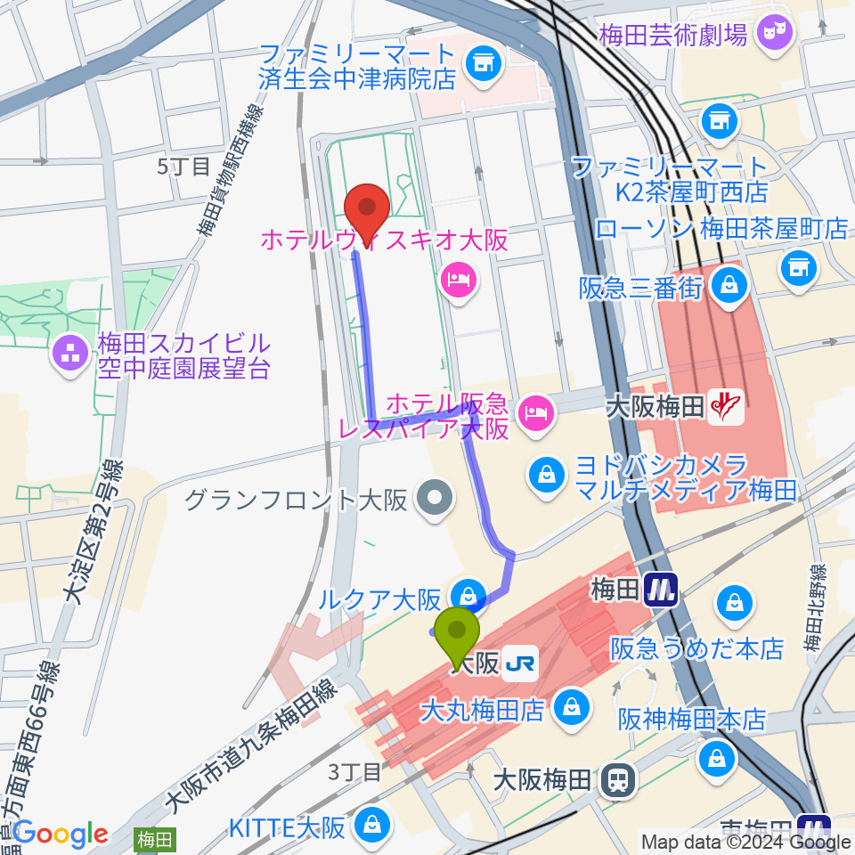 大阪駅からグランフロント大阪 ナレッジシアターへのルートマップ地図