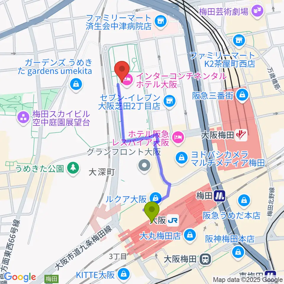 大阪駅からグランフロント大阪 ナレッジシアターへのルートマップ地図