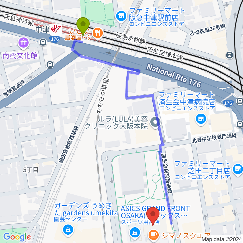 グランフロント大阪 ナレッジシアターの最寄駅中津駅からの徒歩ルート（約7分）地図