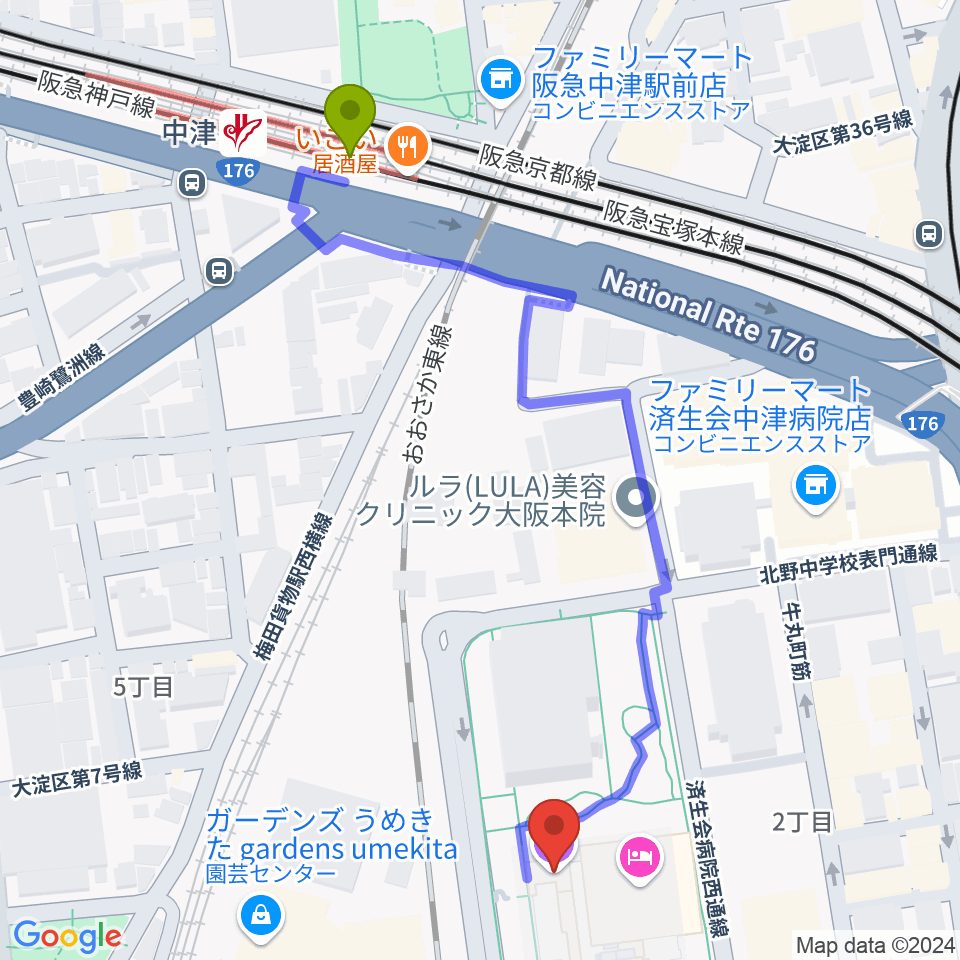 グランフロント大阪 ナレッジシアターの最寄駅中津駅からの徒歩ルート（約6分）地図