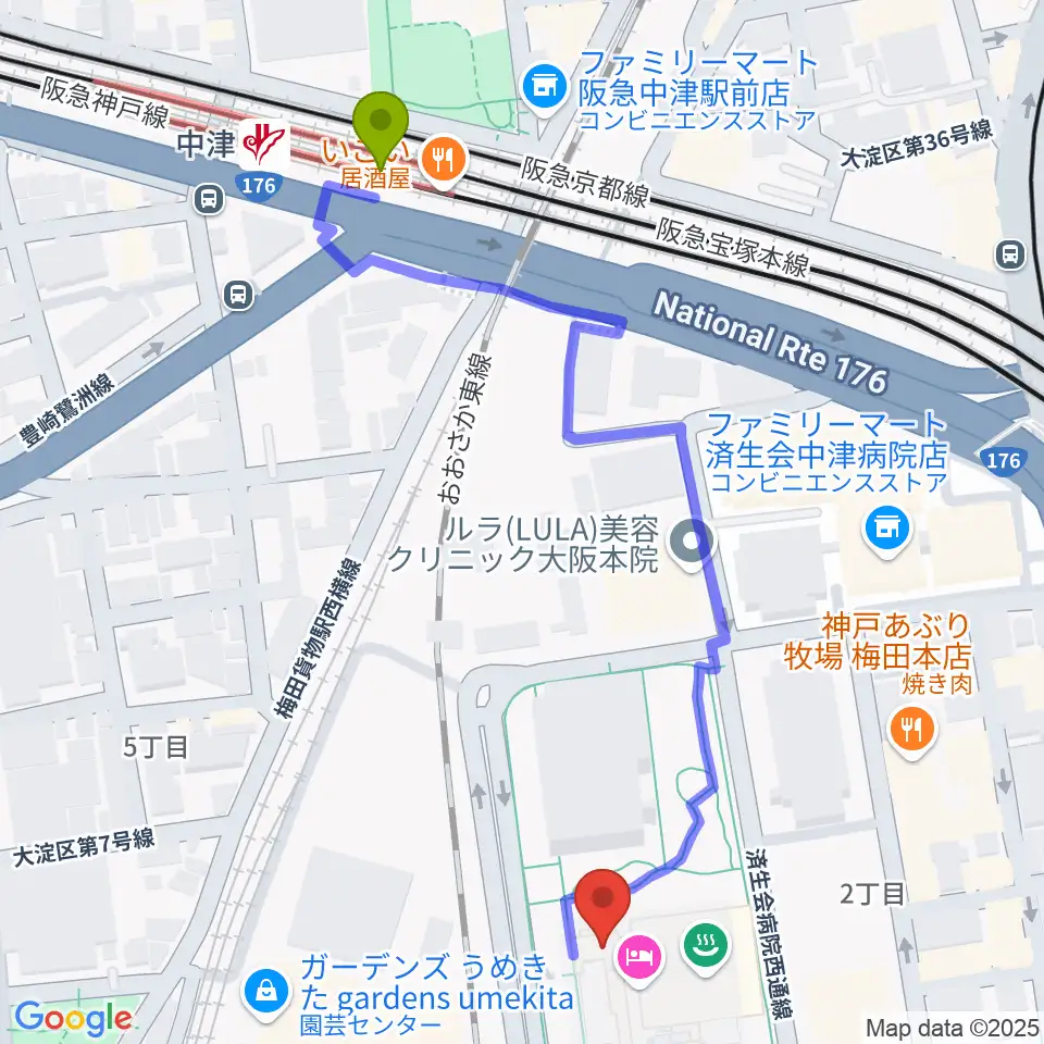 グランフロント大阪 ナレッジシアターの最寄駅中津駅からの徒歩ルート（約6分）地図