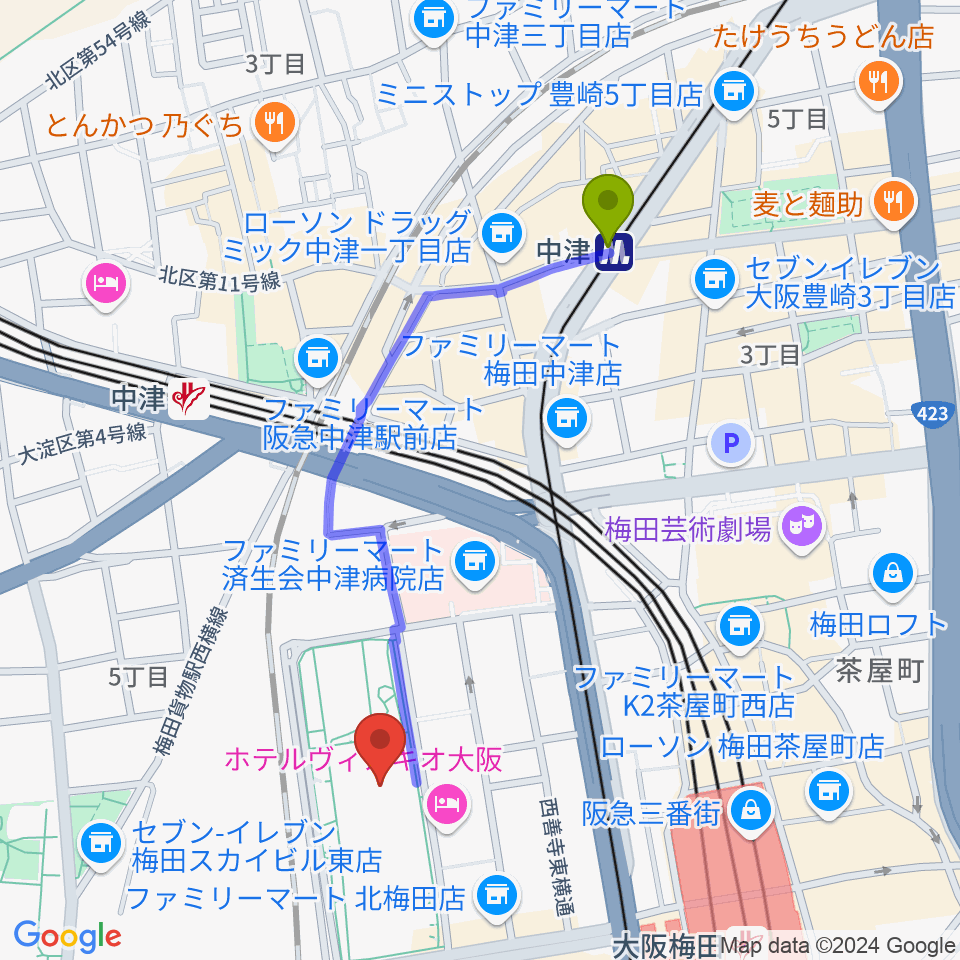 中津駅からグランフロント大阪 ナレッジシアターへのルートマップ地図