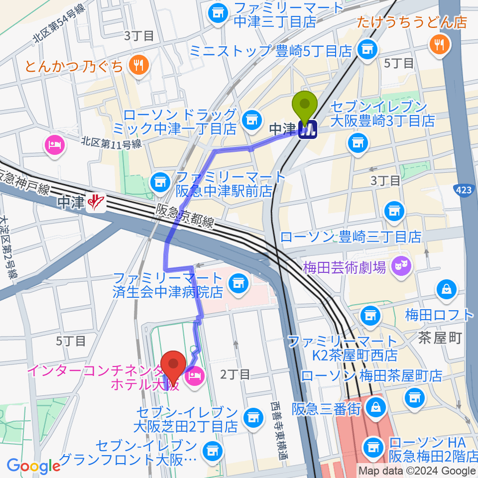 中津駅からグランフロント大阪 ナレッジシアターへのルートマップ地図