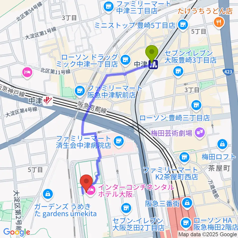 中津駅からグランフロント大阪 ナレッジシアターへのルートマップ地図