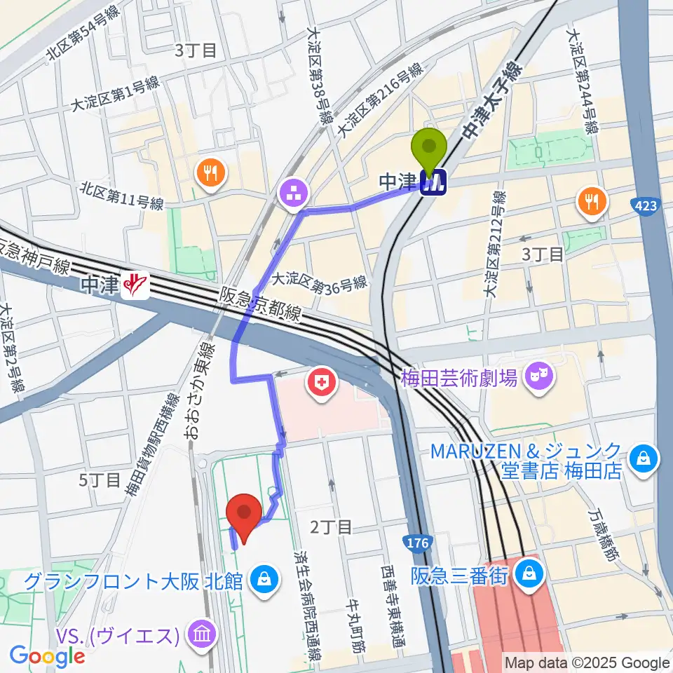中津駅からグランフロント大阪 ナレッジシアターへのルートマップ地図