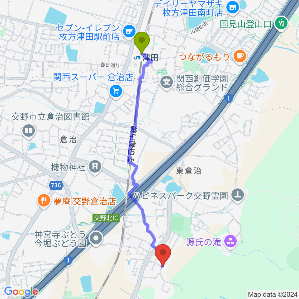 金澤ギタースクール交野教室の最寄駅津田駅からの徒歩ルート（約22分）地図