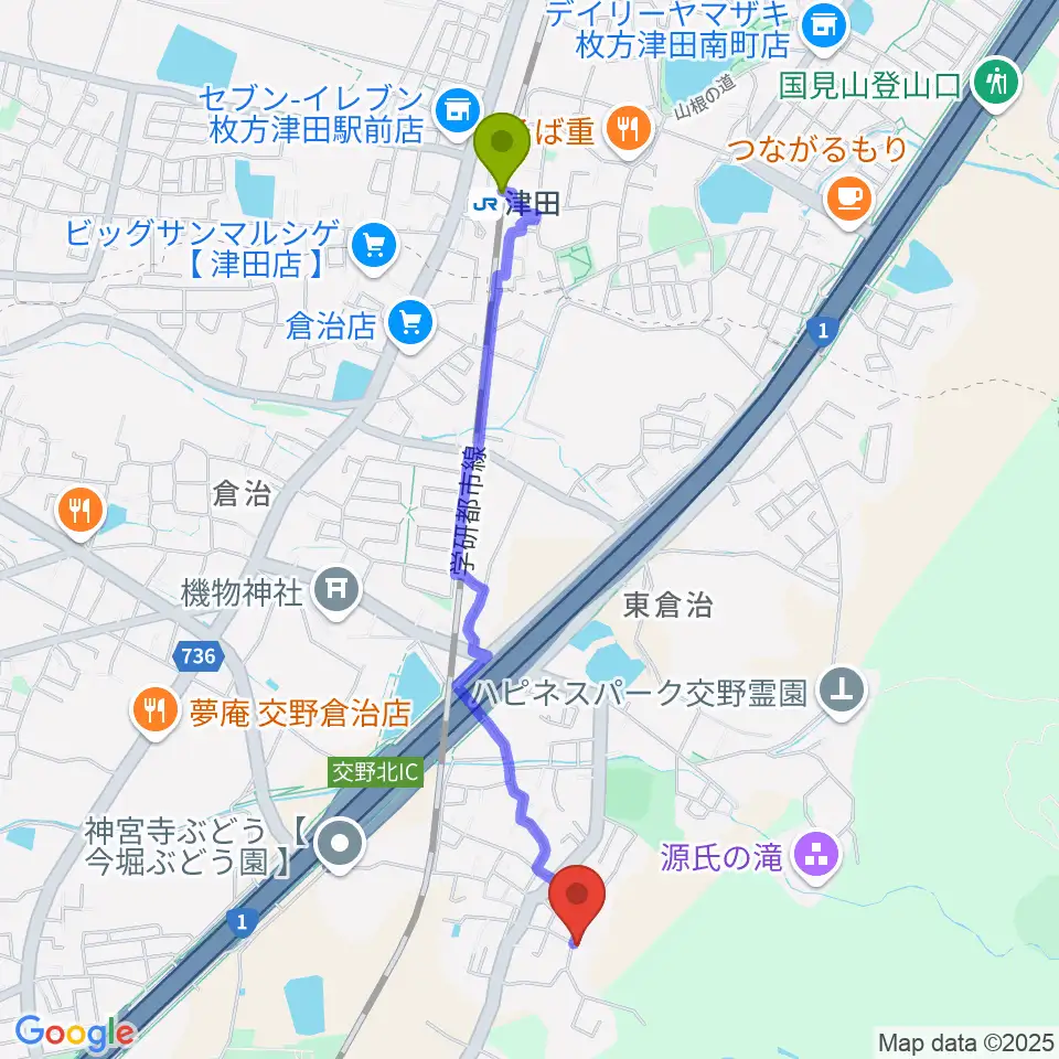 金澤ギタースクール交野教室の最寄駅津田駅からの徒歩ルート（約22分）地図