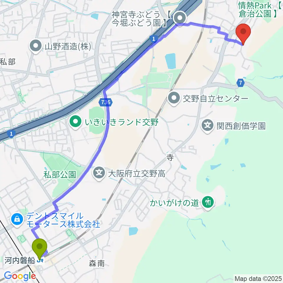 河内磐船駅から金澤ギタースクール交野教室へのルートマップ地図