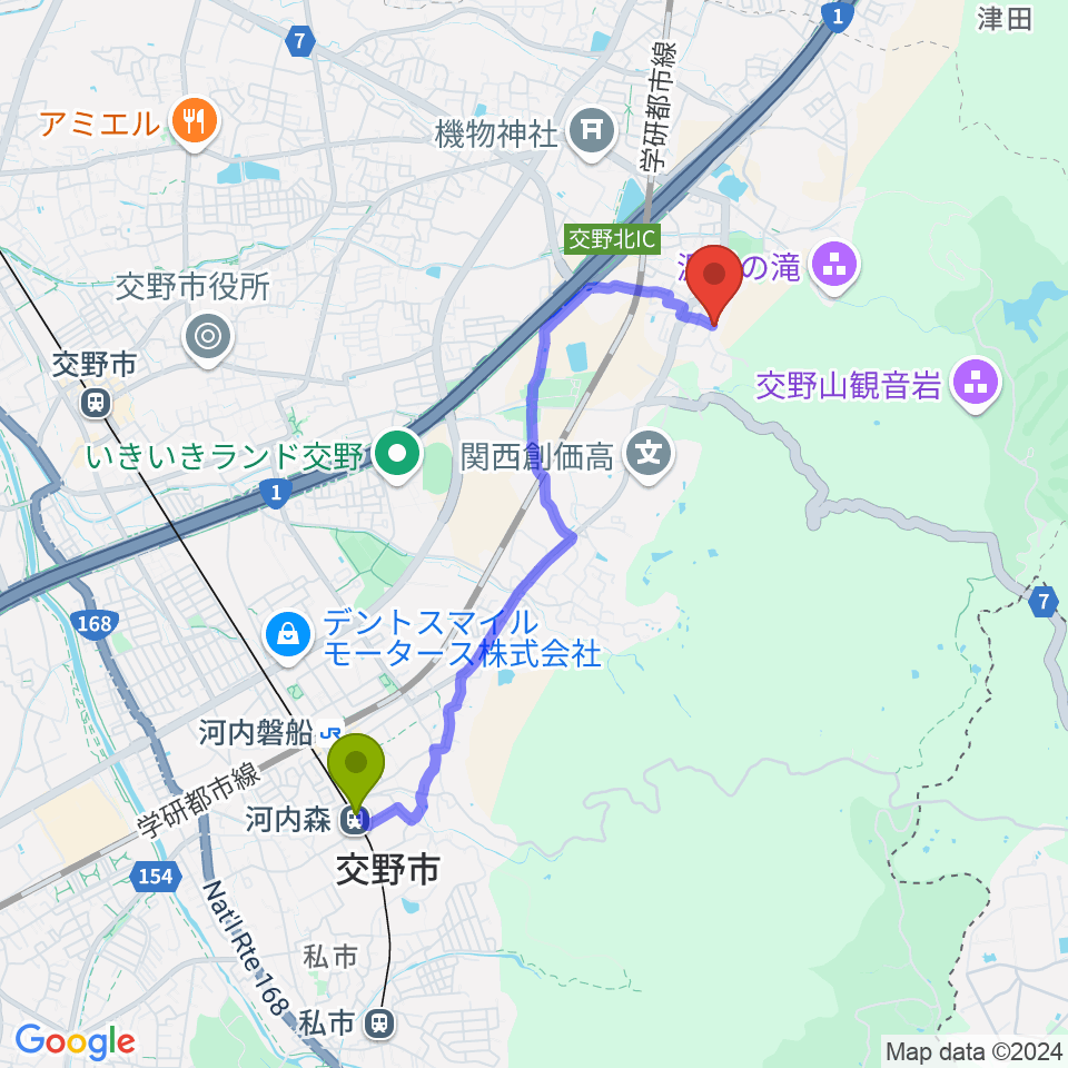 河内森駅から金澤ギタースクール交野教室へのルートマップ地図