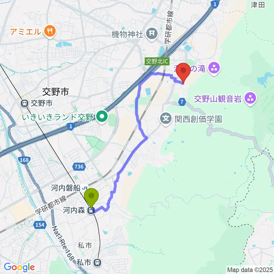 河内森駅から金澤ギタースクール交野教室へのルートマップ地図