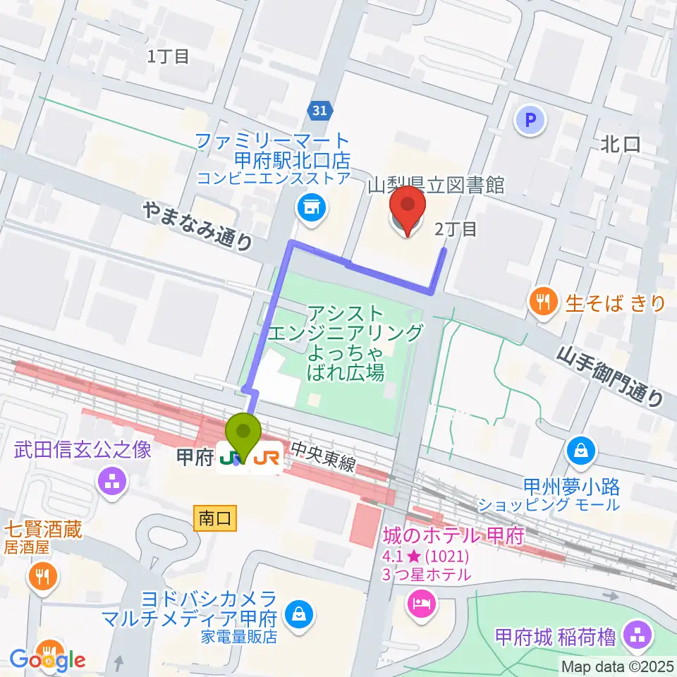 山梨県立図書館の最寄駅甲府駅からの徒歩ルート（約3分）地図