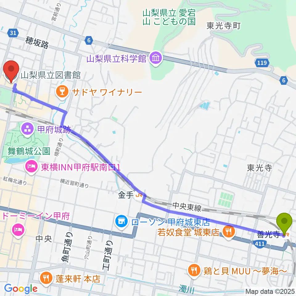 善光寺駅から山梨県立図書館へのルートマップ地図