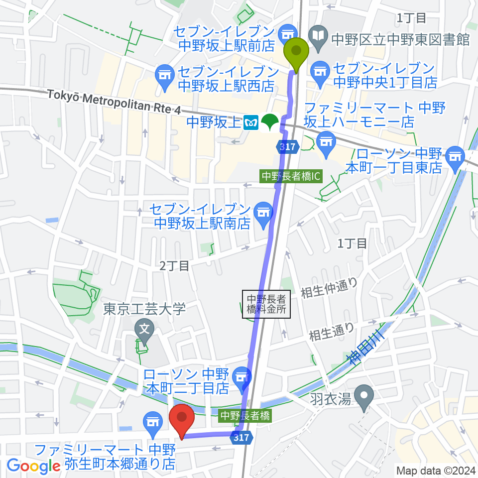 中野坂上駅からロックフォード MELODIA Tokyoへのルートマップ地図