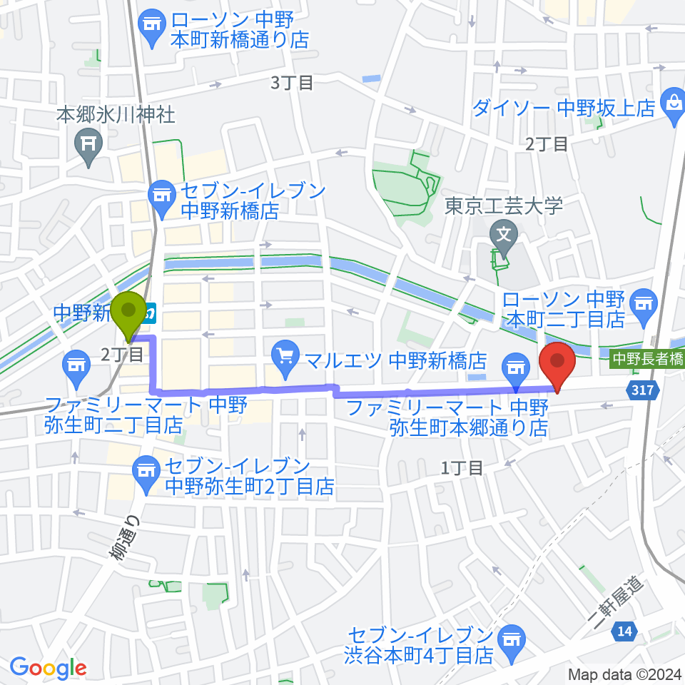 中野新橋駅からロックフォード MELODIA Tokyoへのルートマップ地図