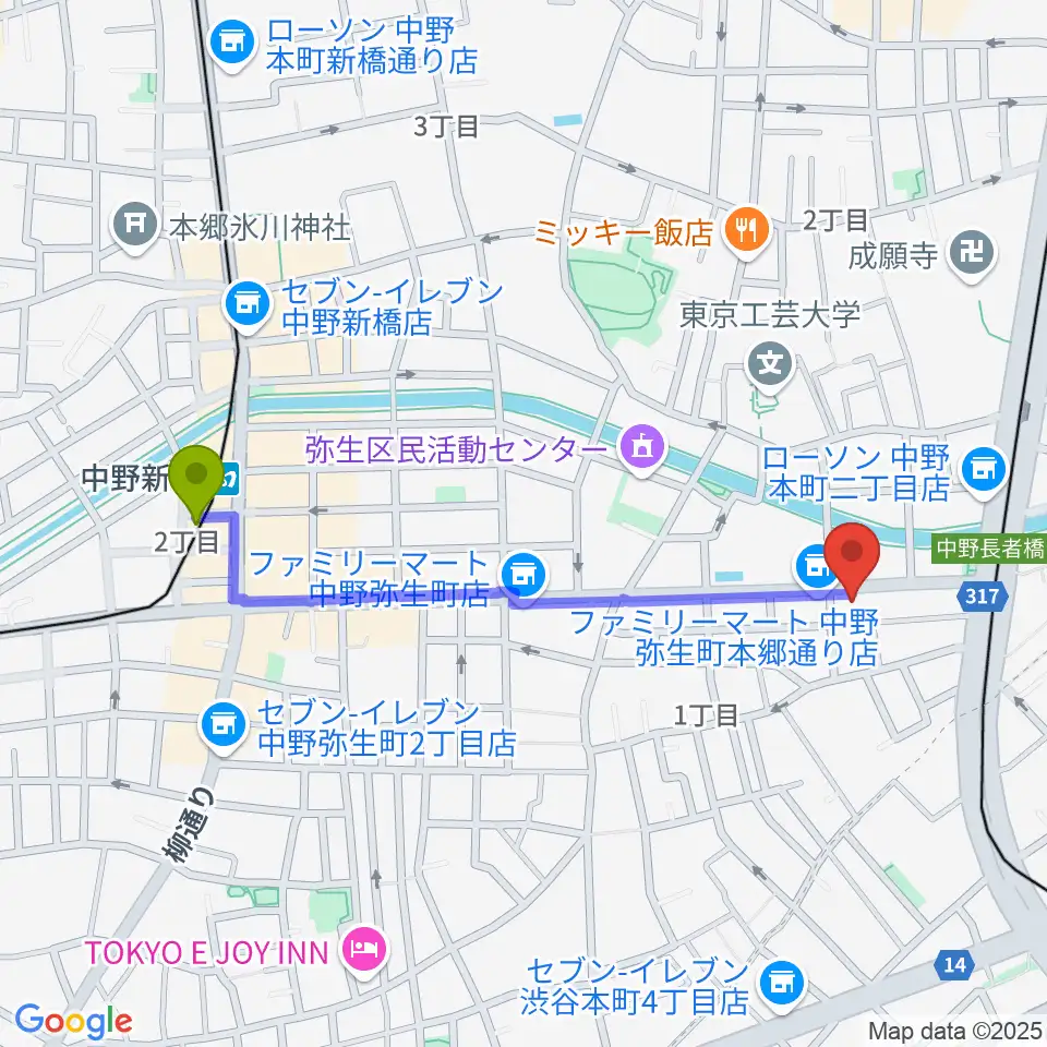 中野新橋駅からロックフォード MELODIA Tokyoへのルートマップ地図